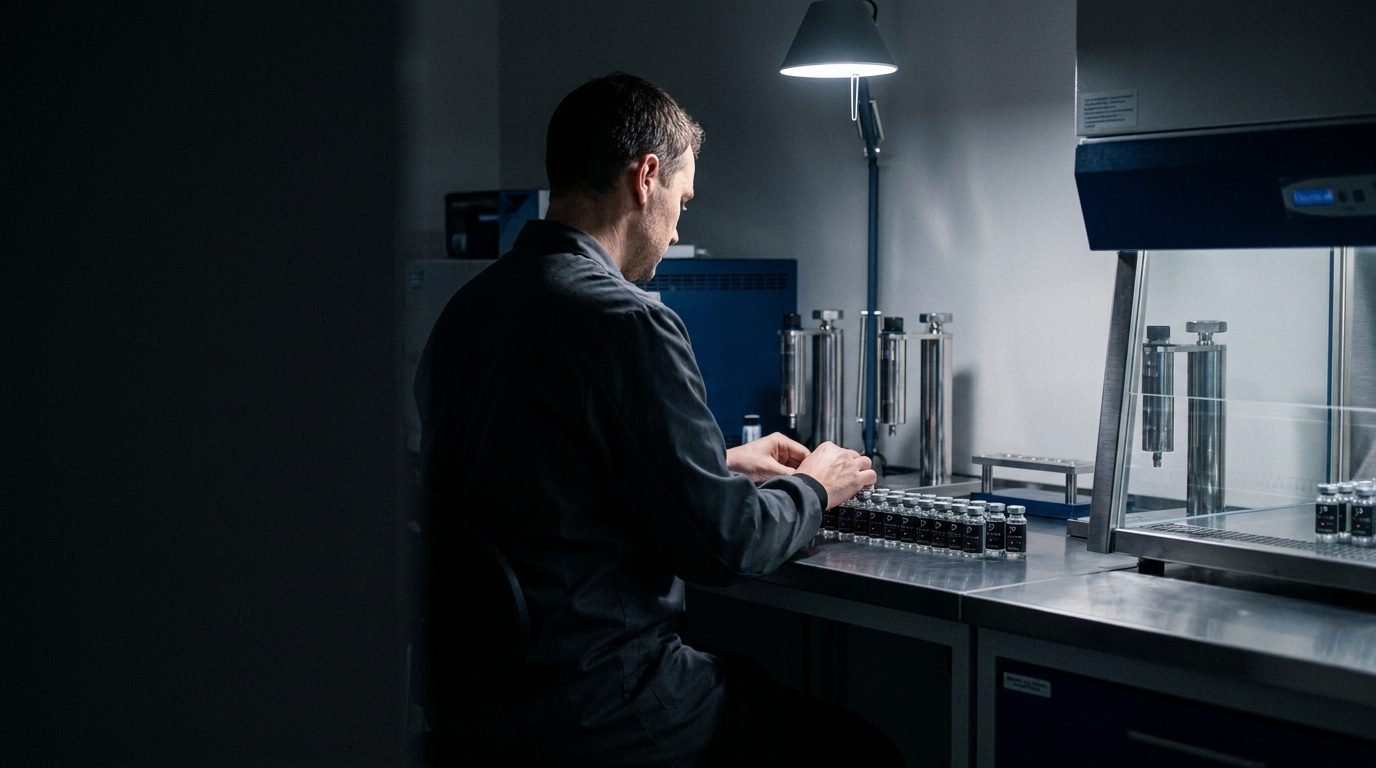 Filling operation at the Pepthena laboratory bench